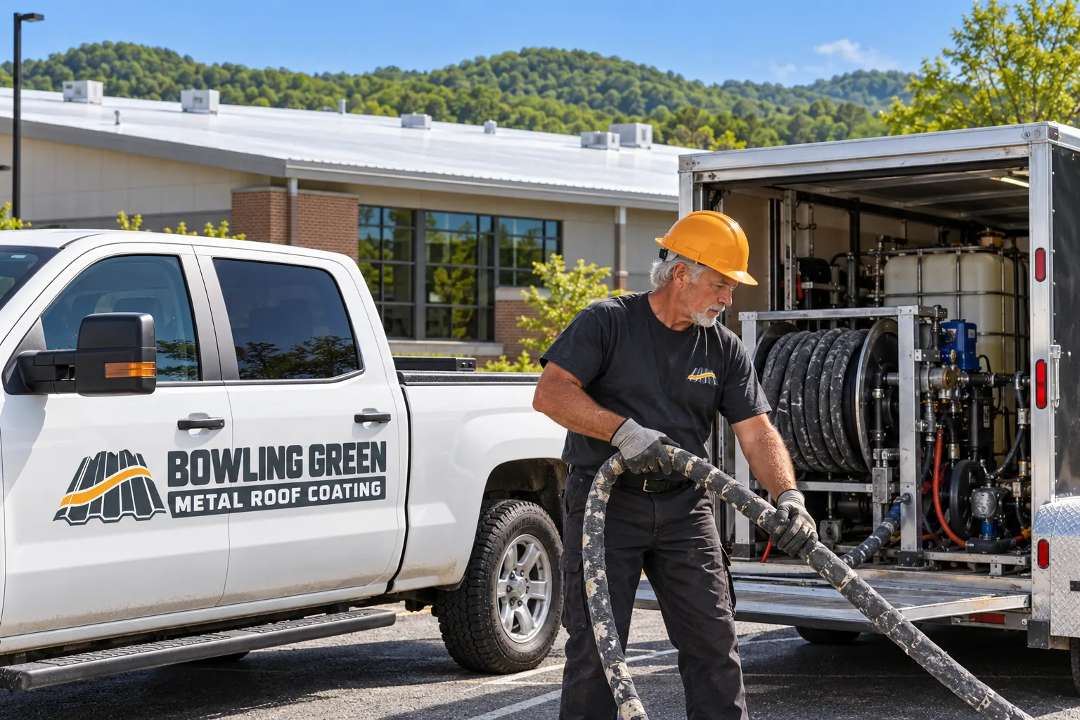 Roofer pulling coating hose from a spray rig trailer beside a logo truck in a commercial lot