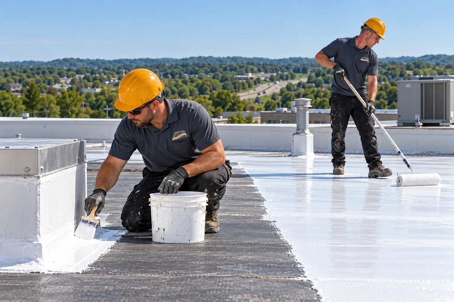 Roofer brushing white acrylic coating along a rooftop curb while another rolls the field