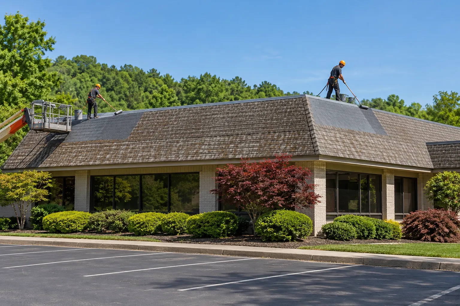Crew working on the shingle roof of a one-story office building