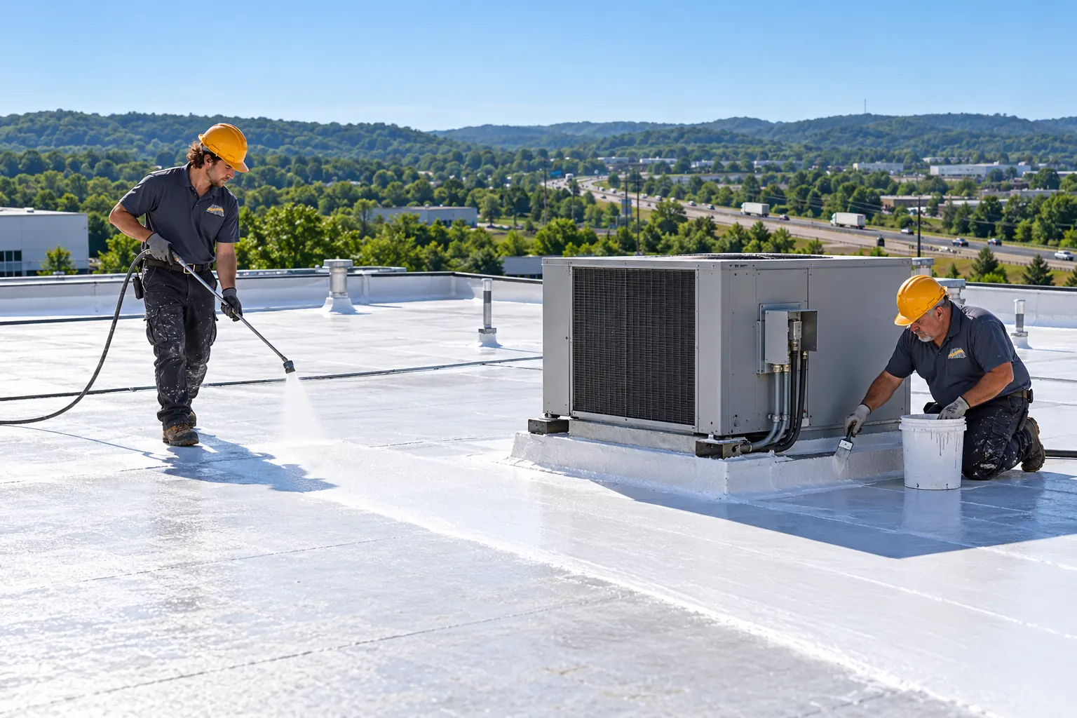 Roofers rolling white silicone coating around a rooftop HVAC unit