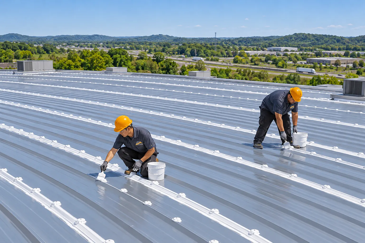 Crew sealing seams and fasteners on a ribbed metal roof before the top coat
