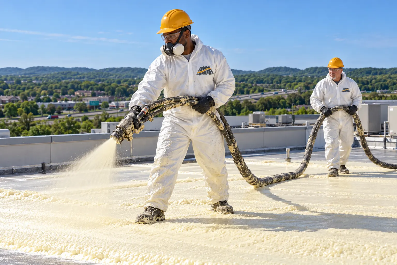 Two roofers in protective suits spraying foam across a commercial roof