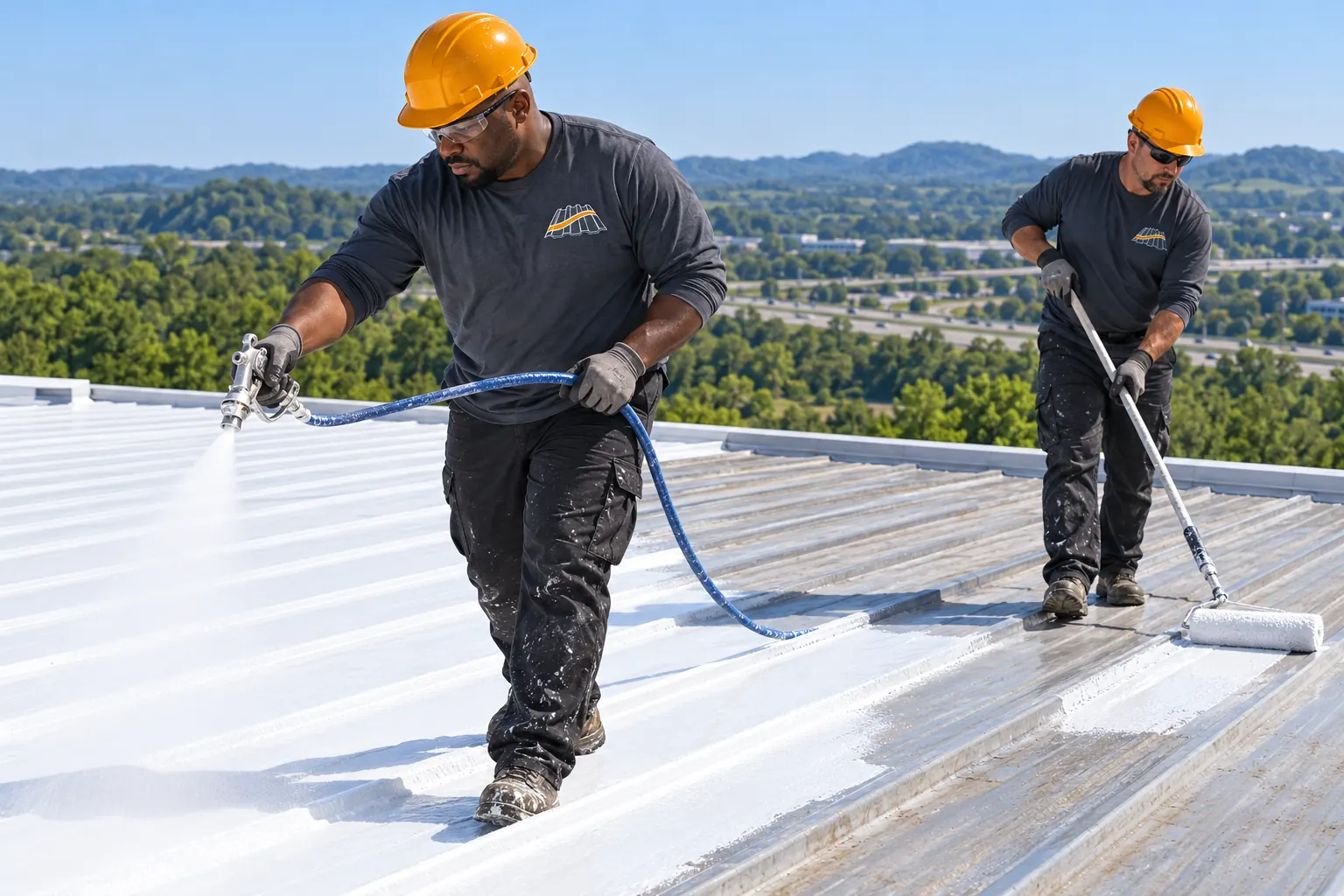 Two roofers in logo work shirts spraying and rolling white coating on a ribbed metal roof