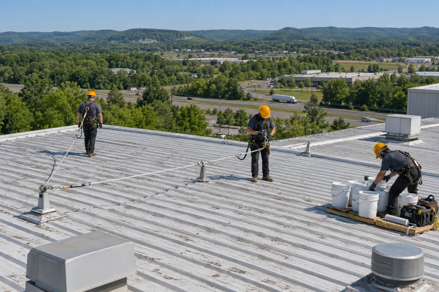 Crew staging coating pails and gear across a large metal roof with vents and curbs