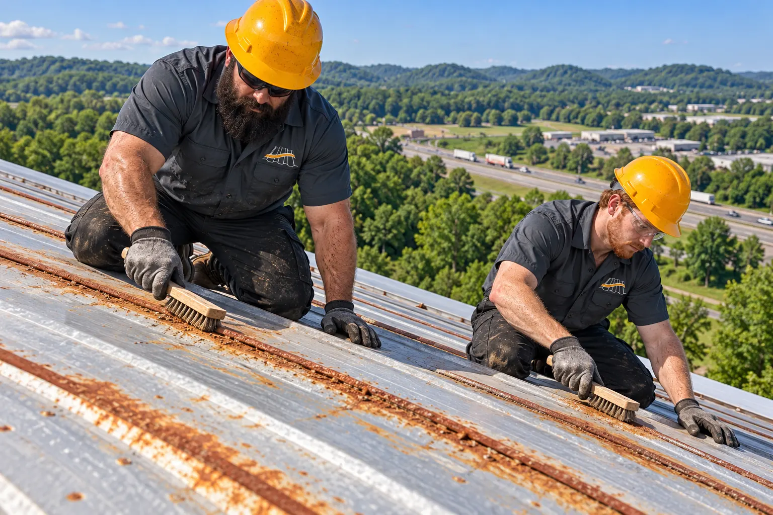 Crew wire-brushing rust from metal roof laps before primer