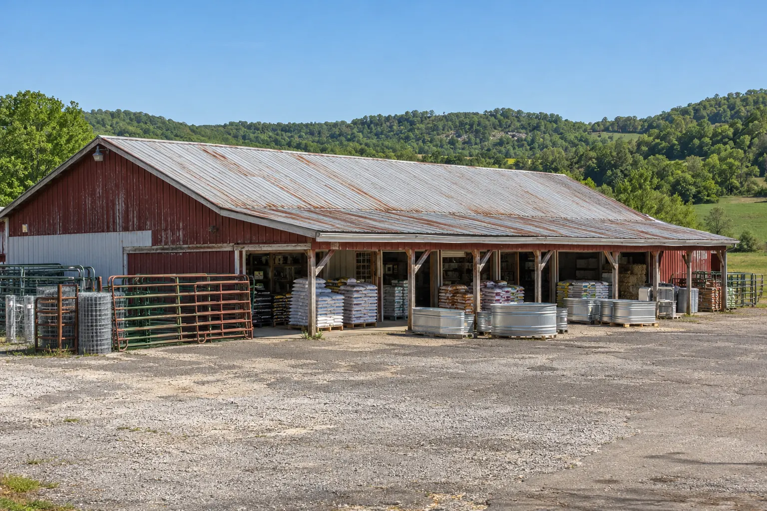 Farm equipment barn with a long rusted metal roof and an open bay