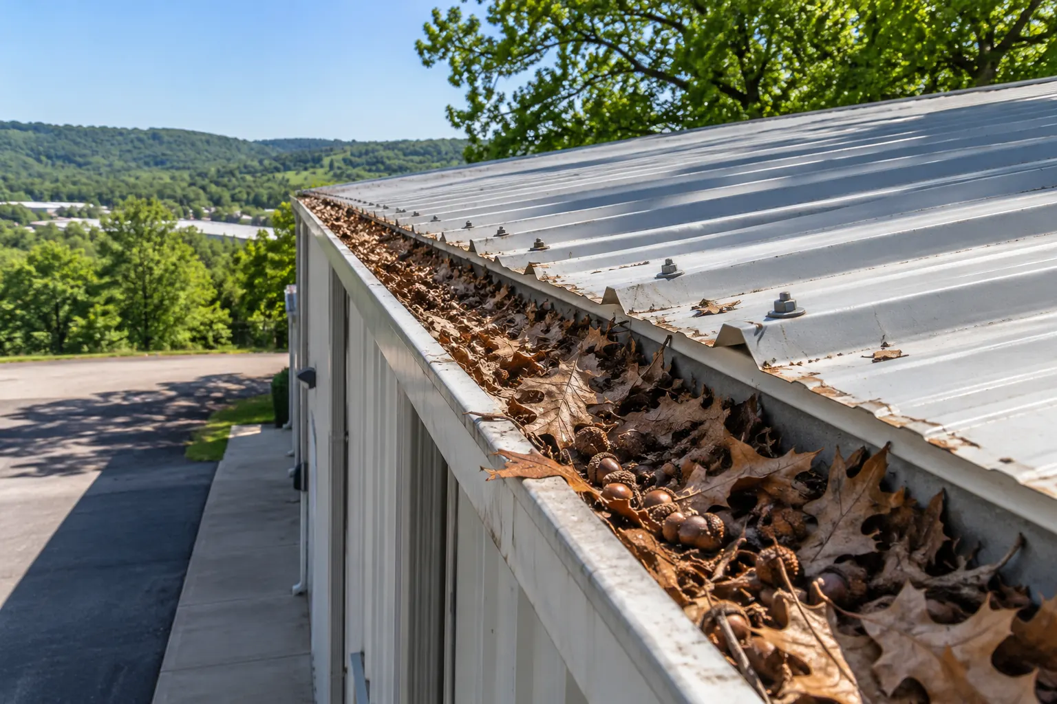 Gutter packed with leaves along the eave of a metal building roof