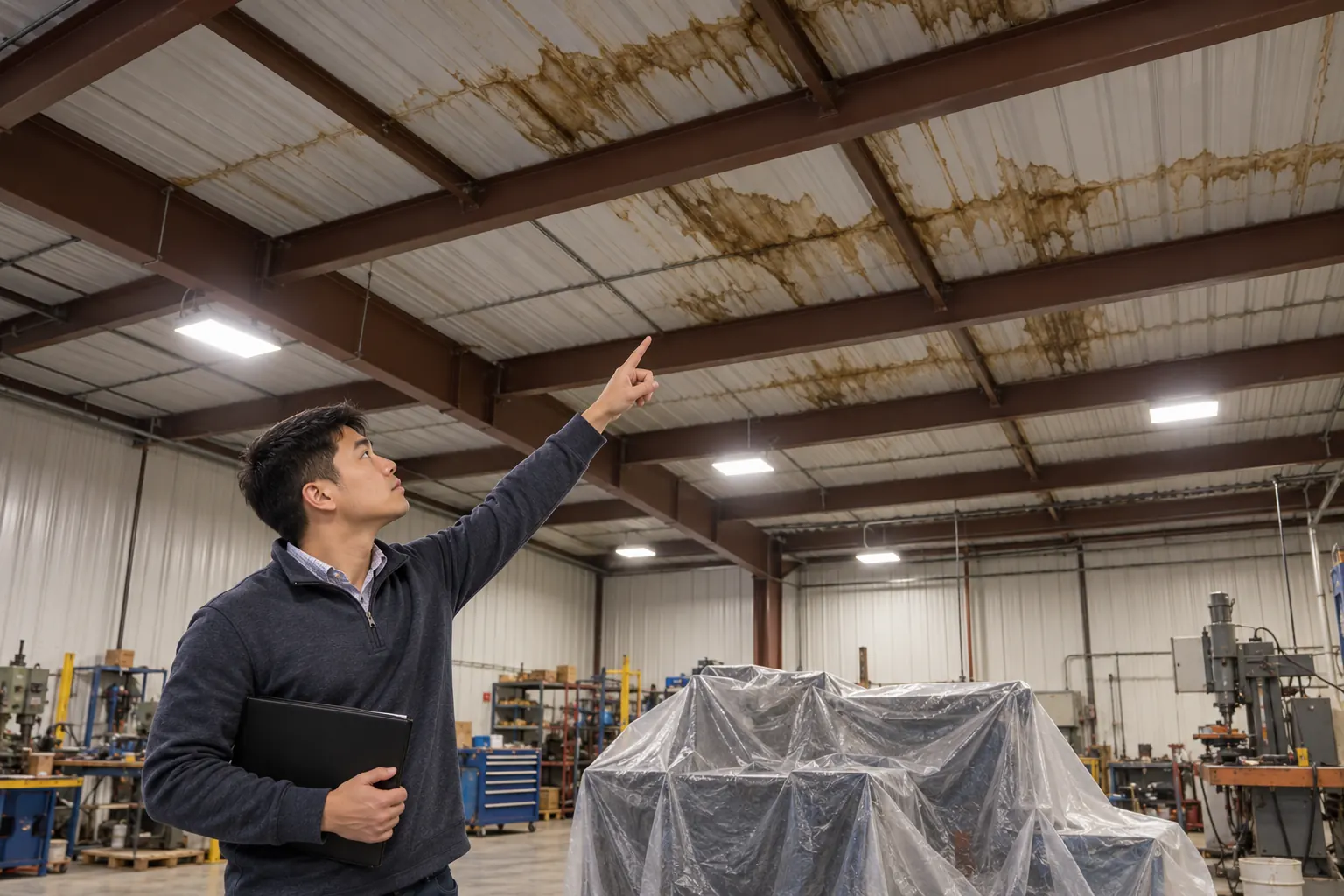 Facility manager pointing at a rusted, leaking metal roof deck inside a shop with equipment covered