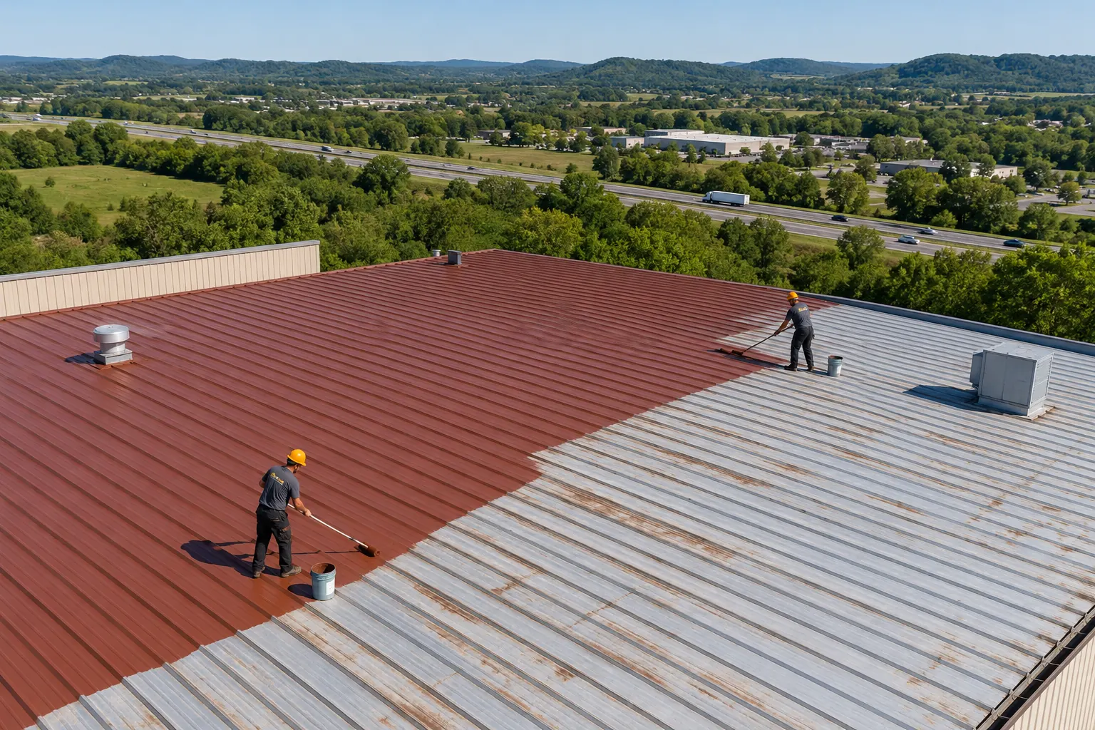 Aerial view of a metal roof with rust primer on one half and bare weathered panels on the other