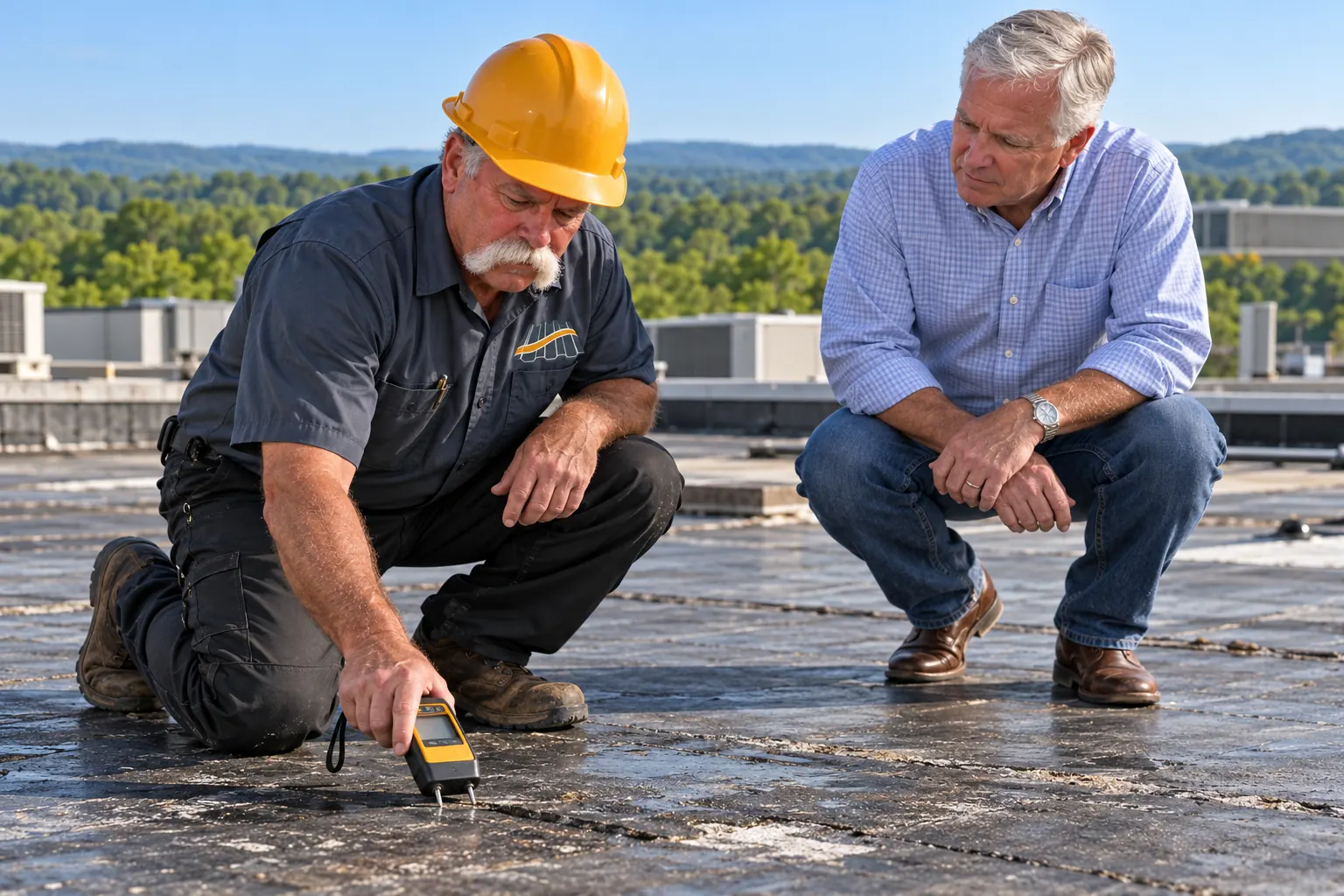 Roofer in a logo shirt checking a low-slope roof with a moisture meter while the owner watches