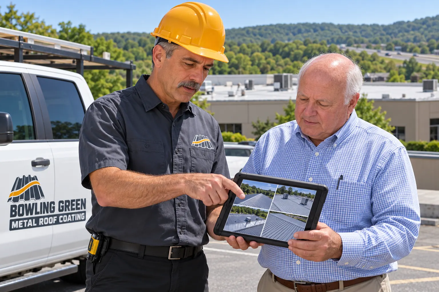 Roofer in a logo shirt reviewing roof photos on a tablet with a building owner