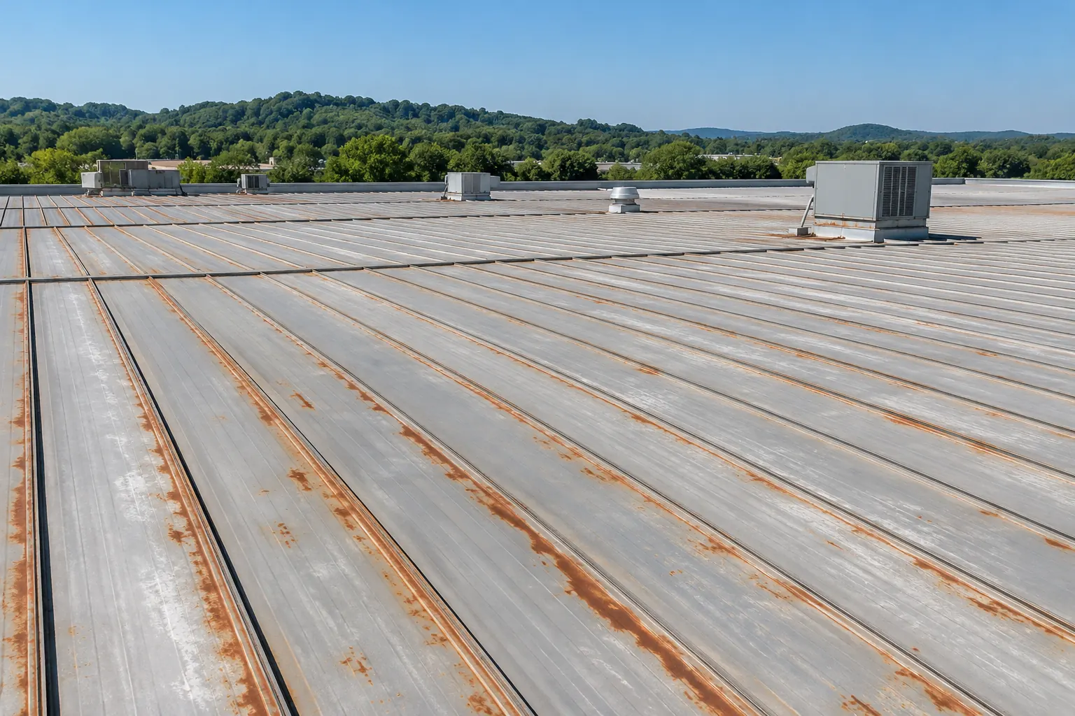 Weathered metal roof panels with rust streaks along the end laps and fastener rows