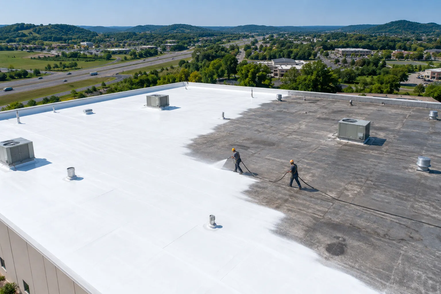 Aerial view of white silicone coating going onto a dark low-slope commercial roof